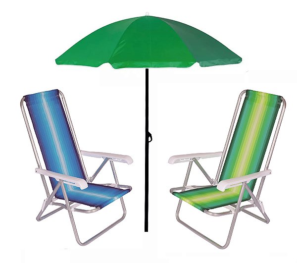 Kit Praia 2 Cadeira Reclinável 4 Posições Alumínio + Guarda Sol 1,80 m - Mor - Verde Sort
