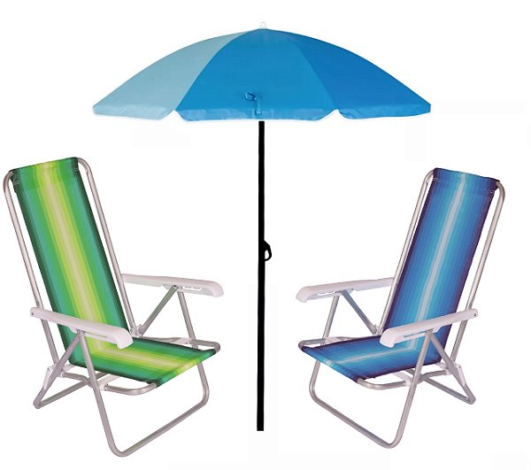 Kit Praia 2 Cadeira Reclinável 4 Posições Alumínio + Guarda Sol 1,80 m - Mor - Azul Sort