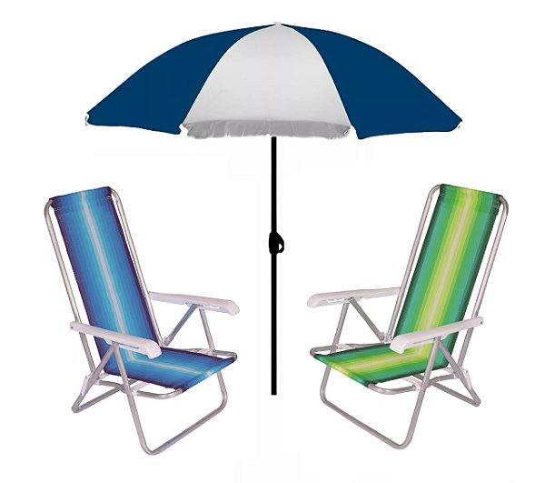 Kit Praia 2 Cadeira Reclinável 4 Posições Alumínio + Guarda Sol 1,80 m - Mor - Azul Marinho