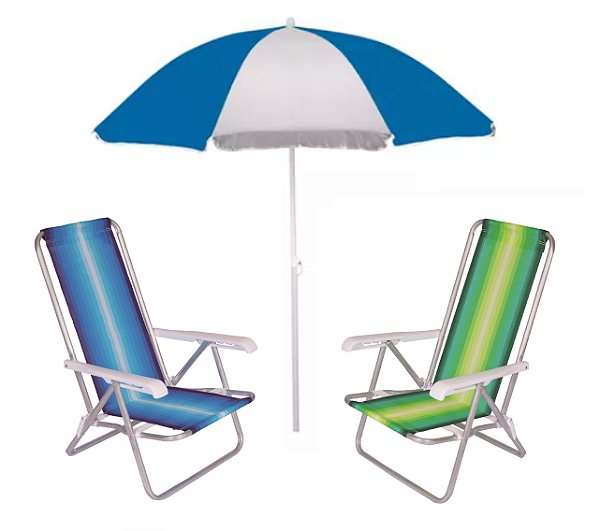 Kit Praia 2 Cadeira Reclinável 4 Posições Alumínio + Guarda Sol 1,80 m - Mor - Azul