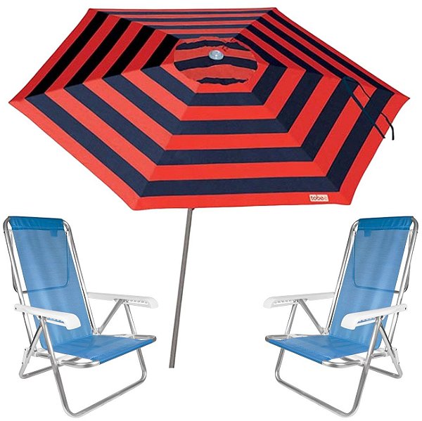 Kit Guarda Sol Ombrelone 2,4m Malibu Vermelho 2 Cadeira 8 Posições Alumínio Sannet Praia Piscina Camping - Tobee - Azul