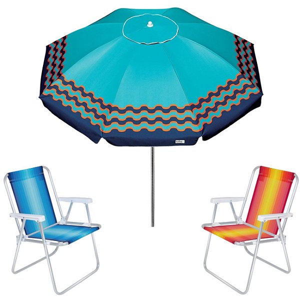 Kit Guarda Sol 2,4m Articulado Ibiza Turquesa 2 Cadeira Alta Alumínio Praia Piscina Camping - Tobee