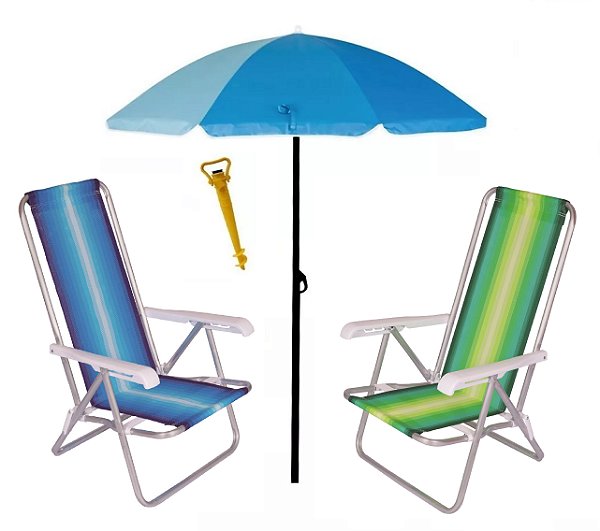 Kit 2 Cadeira Reclinável 4 Posições Alumínio + Guarda Sol 1,80 m Aço + Saca Areia - Mor - Azul Sort