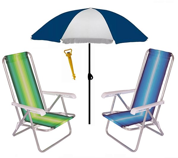 Kit 2 Cadeira Reclinável 4 Posições Alumínio + Guarda Sol 1,80 m Aço + Saca Areia - Mor - Azul Marinho