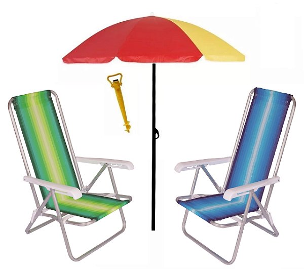 Kit 2 Cadeira Reclinável 4 Posições Alumínio + Guarda Sol 1,80 m Aço + Saca Areia - Mor - Vermelho Sort