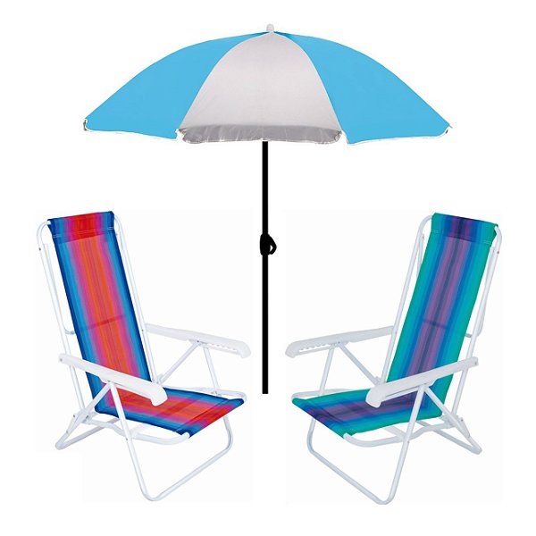 Kit Guarda Sol 1,8m Fashion 2 Cadeira Reclinável 8 Posições Aço Praia Camping Piscina - Mor - Azul Claro
