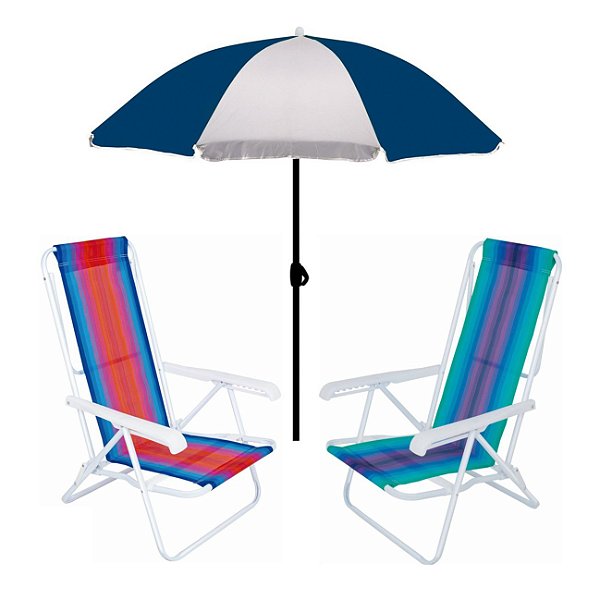 Kit Guarda Sol 1,8m Fashion 2 Cadeira Reclinável 8 Posições Aço Praia Camping Piscina - Mor - Azul Marinho