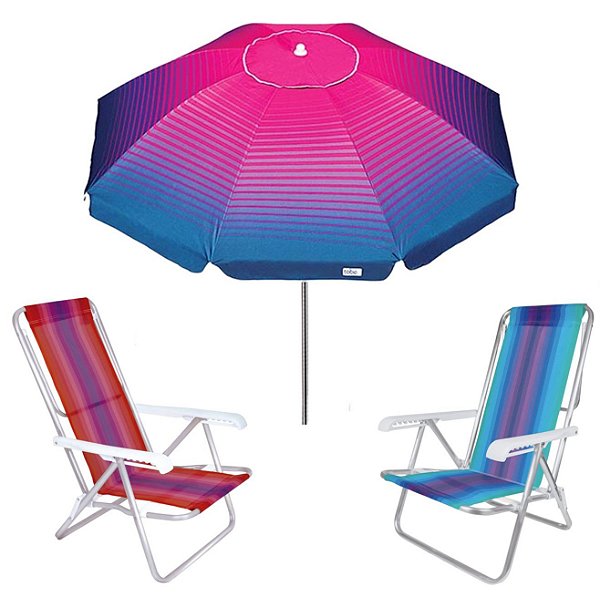 Kit Guarda Sol 2,2m Articulado Cancun Rosa 2 Cadeira 8 Posições Alumínio Praia Piscina Camping - Tobee