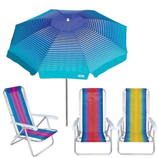 Kit Guarda Sol 2,2m Articulado Cancun Azul 3 Cadeira 8 Posições Alumínio Praia Piscina Camping - Tobee