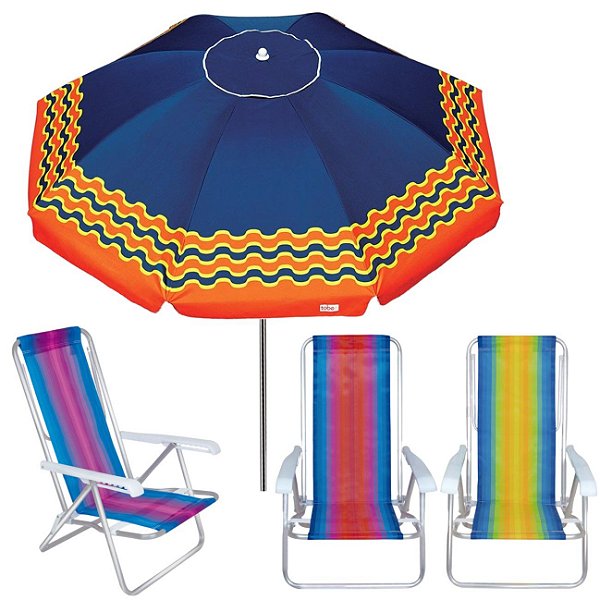 Kit Guarda Sol 2,4m Articulado Ibiza Azul Marinho 3 Cadeira 8 Posições Alumínio Praia Piscina Camping - Tobee