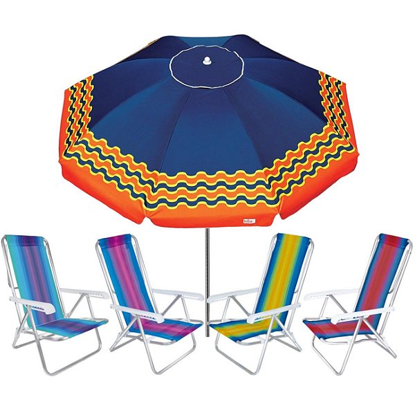 Kit Guarda Sol 2,4m Articulado Ibiza Azul Marinho 4 Cadeira 8 Posições Alumínio Praia Piscina Camping - Tobee