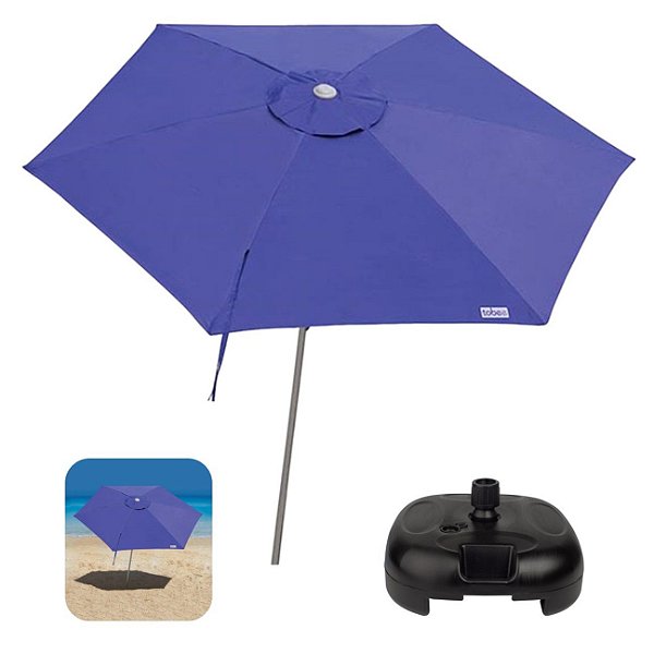 Kit Ombrelone Guarda Sol 2,4m Sombreiro Alumínio Malibu Azul Base Plástica Preto - Tobee