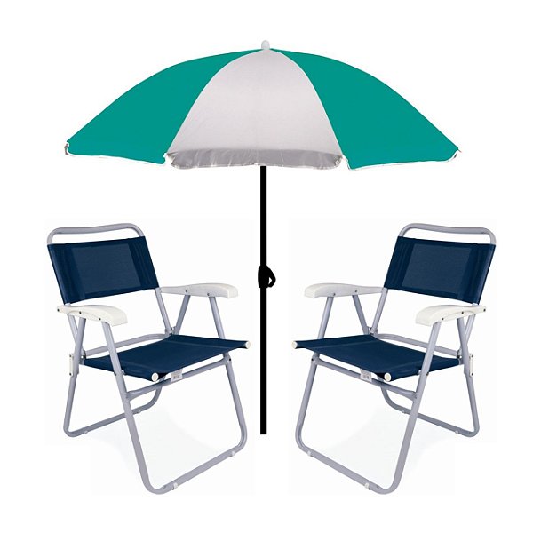 Kit Guarda Sol 1,8m Fashion 2 Cadeira Master Azul Aço Dobrável Praia Camping Piscina - Mor - Verde