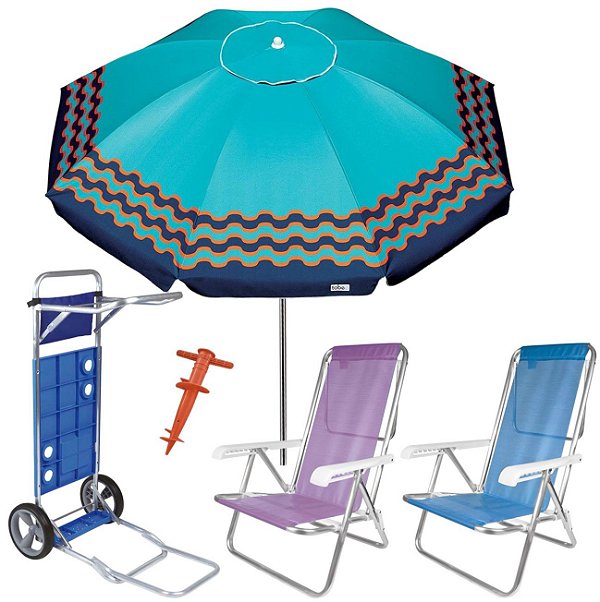 Kit Guarda Sol 2,4m Ibiza Carrinho De Praia Avanço Cadeira Reclinável 8 Posições Saca Areia - Tobee - Turquesa