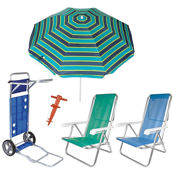 Kit Guarda Sol 1,8m Ipanema Carrinho De Praia Avanço Cadeira Reclinável 8 Posições Saca Areia - Tobee - Verde