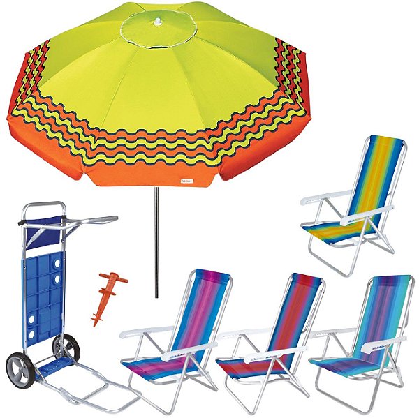 Kit Guarda Sol 2,4m Ibiza Carrinho De Praia Avanço 4 Cadeira Reclinável 8 Posições Saca Areia - Tobee - Verde Limão