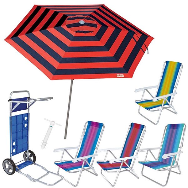 Kit Guarda Sol Ombrelone 2,4m Malibu Carrinho De Praia Avanço 4 Cadeira Reclinável 8 Posições Saca Areia - Tobee - Vermelho
