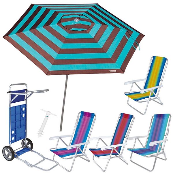 Kit Guarda Sol Ombrelone 2,4m Malibu Carrinho De Praia Avanço 4 Cadeira Reclinável 8 Posições Saca Areia - Tobee - Turquesa