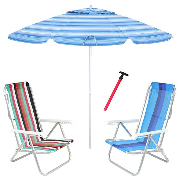 Kit Praia 2 Cadeira 8 Pos Alumínio Guarda Sol 2,4m Azul Saca Areia Pressão - Belfix