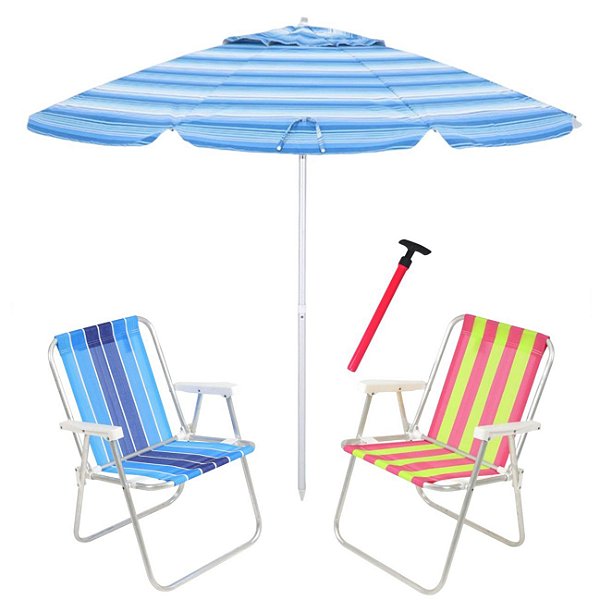 Kit Praia 2 Cadeira Alta Guarda Sol 2,4m Azul Saca Areia Pressão - Belfix