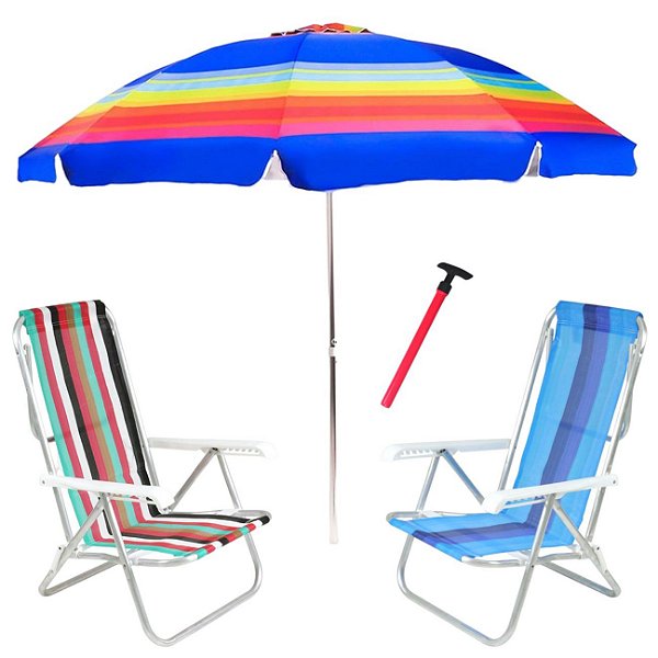 Kit Praia 2 Cadeira 8 Pos Alumínio Guarda Sol 2,4m Rainbow Saca Areia Pressão - Belfix - Sort3