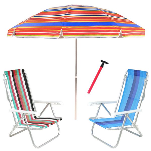 Kit Praia 2 Cadeira 8 Pos Alumínio Guarda Sol 2,4m Rainbow Saca Areia Pressão - Belfix - Sort2