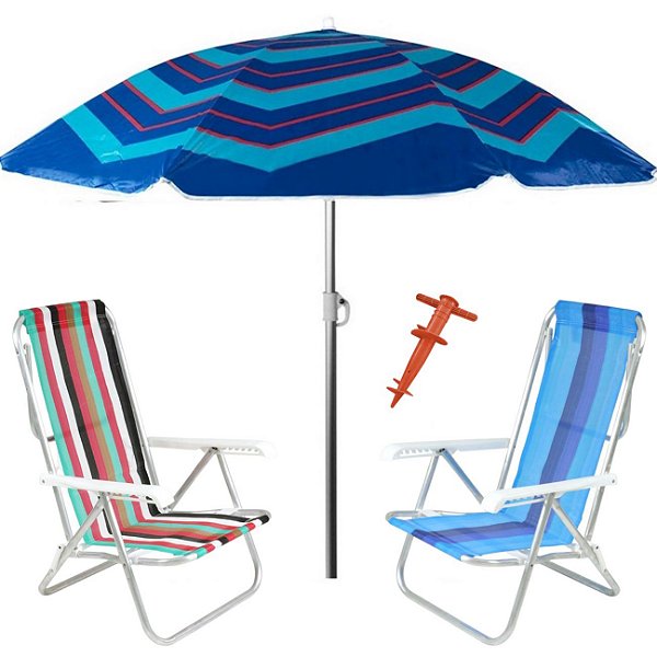 Kit Praia 2 Cadeira 8 Pos Alumínio Guarda Sol 2,4m Al-Mare Saca Areia Rosca - Belfix - Sort4