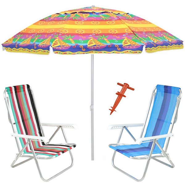Kit Praia 2 Cadeira 8 Pos Alumínio Guarda Sol 2,4m Al-Mare Saca Areia Rosca - Belfix - Sort3