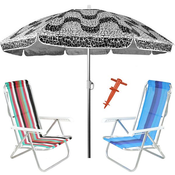 Kit Praia 2 Cadeira 8 Pos Alumínio Guarda Sol 2,4m Al-Mare Saca Areia Rosca - Belfix - Sort1