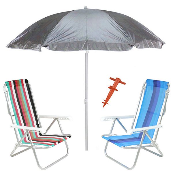 Kit Praia 2 Cadeira 8 Pos Alumínio Guarda Sol 2,2m Al-Mare Saca Areia Rosca - Belfix - Sort6