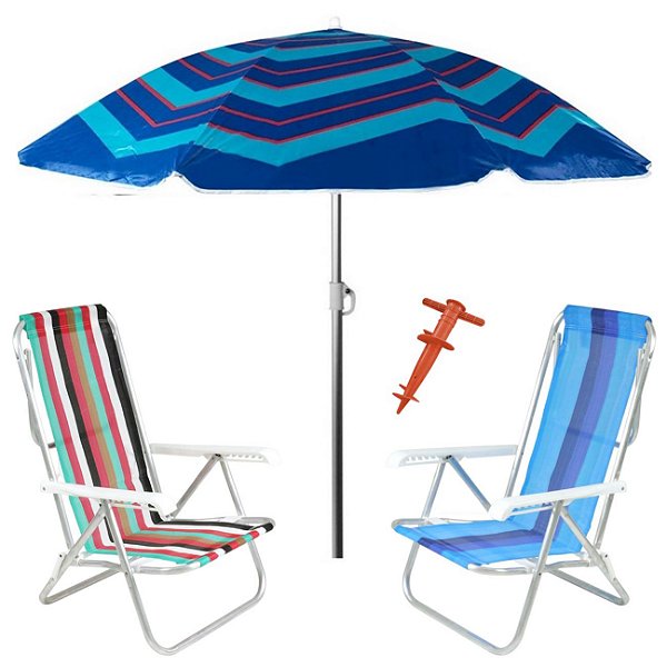Kit Praia 2 Cadeira 8 Pos Alumínio Guarda Sol 2,2m Al-Mare Saca Areia Rosca - Belfix - Sort4