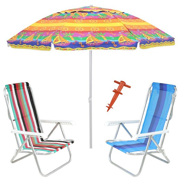Kit Praia 2 Cadeira 8 Pos Alumínio Guarda Sol 2,2m Al-Mare Saca Areia Rosca - Belfix - Sort3