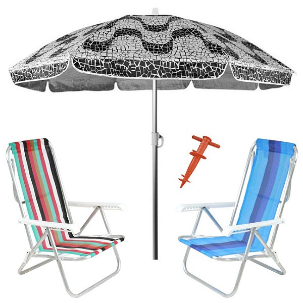 Kit Praia 2 Cadeira 8 Pos Alumínio Guarda Sol 2,2m Al-Mare Saca Areia Rosca - Belfix - Sort1