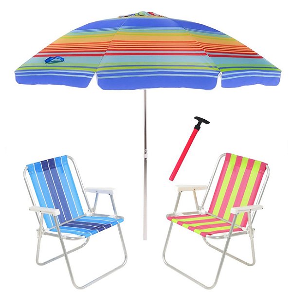 Kit Praia 2 Cadeira Alta Guarda Sol 2,4m Rainbow Saca Areia Pressão - Belfix - Sort1
