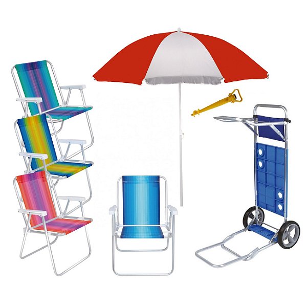 Kit Praia Carrinho C/ Avanço + 4 Cadeira Alum Alta + Guarda Sol 1,8m + Saca Areia - Mor - Vermelho Sort