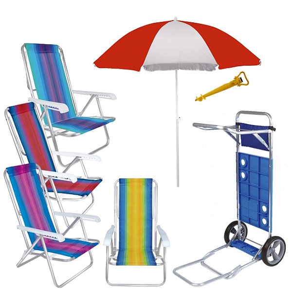 Kit Praia Guarda Sol 1,8m Carrinho Com Avanço 4 Cadeira Reclinável Alumínio 8 Posições Saca Areia - Mor - Vermelho Sort