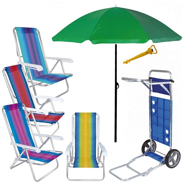 Kit Praia Guarda Sol 1,8m Carrinho Com Avanço 4 Cadeira Reclinável Alumínio 8 Posições Saca Areia - Mor - Verde Sort