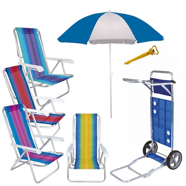 Kit Praia Guarda Sol 1,8m Carrinho Com Avanço 4 Cadeira Reclinável Alumínio 8 Posições Saca Areia - Mor - Azul Sort