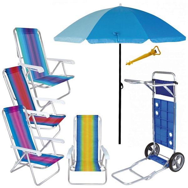 Kit Praia Guarda Sol 1,8m Carrinho Com Avanço 4 Cadeira Reclinável Alumínio 8 Posições Saca Areia - Mor - Azul Sort