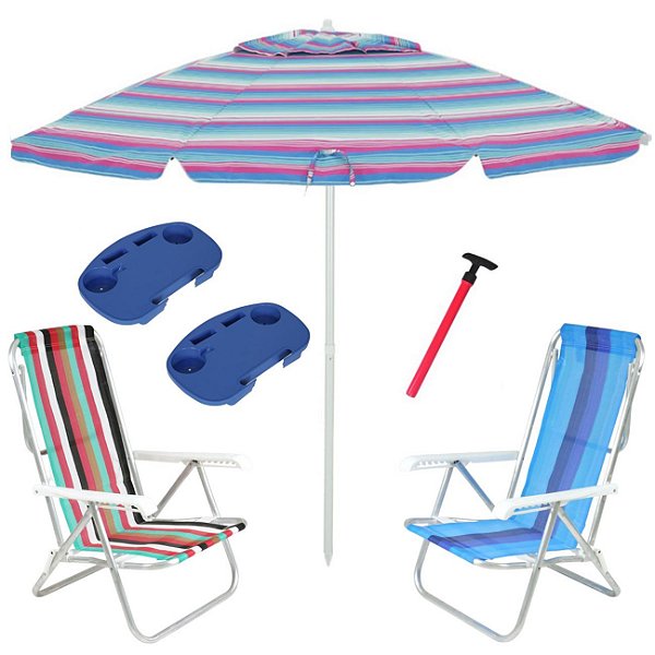 Kit Praia 2 Cadeira 8 Pos Alumínio Guarda Sol 2,4m Rosa 2 Mesa Portátil Saca Areia Pressão - Belfix