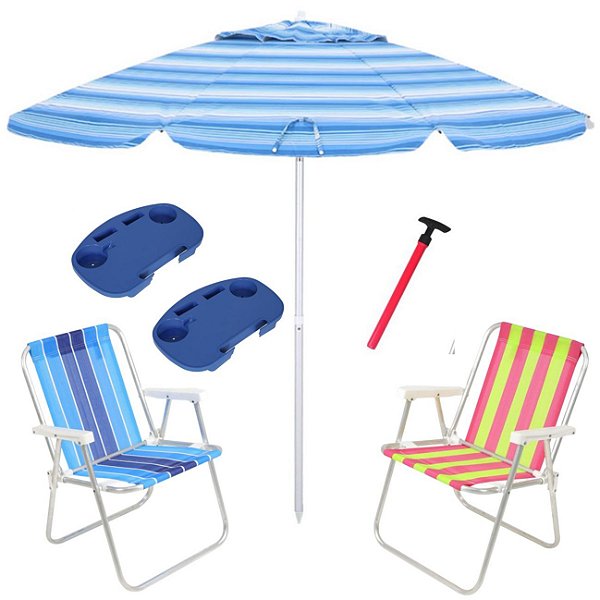 Kit Praia 2 Cadeira Alta Guarda Sol 2,4m Azul 2 Mesa Portátil Saca Areia Pressão - Belfix