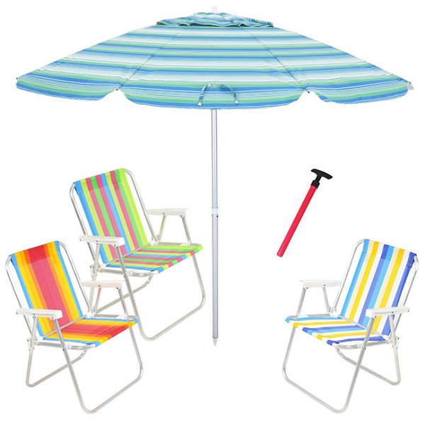Kit Praia 3 Cadeira Alta Guarda Sol 2,4m Verde Saca Areia Pressão - Belfix