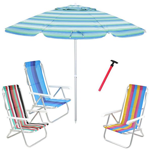Kit Praia 3 Cadeira 8 Pos Alumínio Guarda Sol 2,4m Verde Saca Areia Pressão - Belfix
