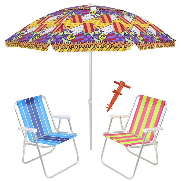 Kit Praia 2 Cadeira Alta Guarda Sol 2,2m Al-Mare Saca Areia Rosca - Belfix - Sort2