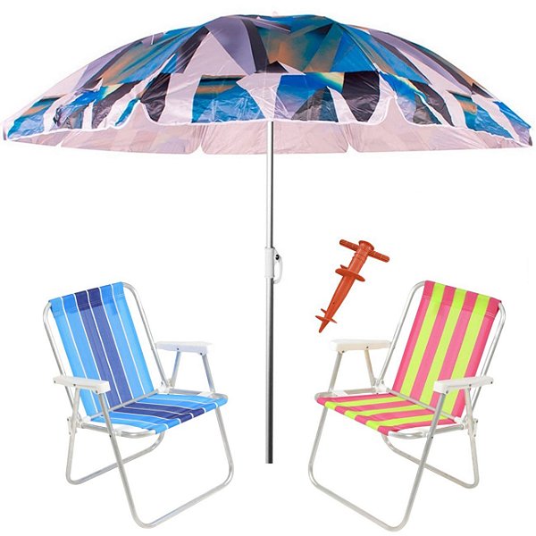 Kit Praia 2 Cadeira Alta Guarda Sol 2,4m Al-Mare Saca Areia Rosca - Belfix - Sort5