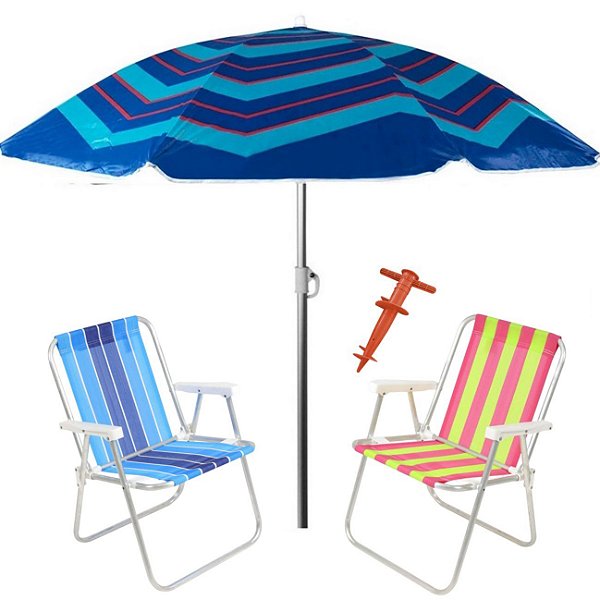 Kit Praia 2 Cadeira Alta Guarda Sol 2,4m Al-Mare Saca Areia Rosca - Belfix - Sort4