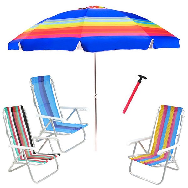 Kit Praia 3 Cadeira 8 Pos Alumínio Guarda Sol 2,4m Rainbow Saca Areia Pressão - Belfix - Sort3