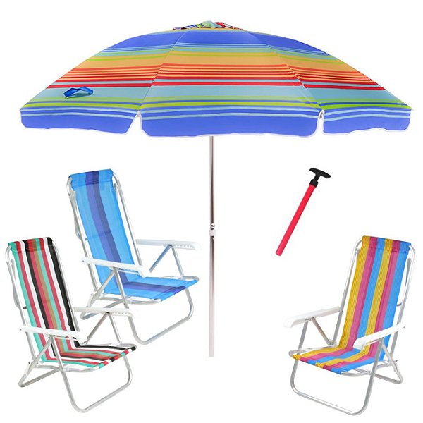 Kit Praia 3 Cadeira 8 Pos Alumínio Guarda Sol 2,4m Rainbow Saca Areia Pressão - Belfix - Sort1