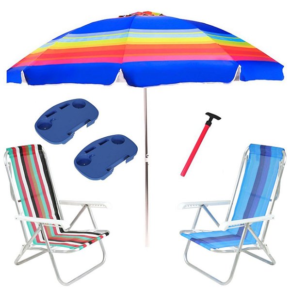Kit Praia 2 Cadeira 8 Pos Alumínio Guarda Sol 2,4m Rainbow 2 Mesa Portátil Saca Areia Pressão - Belfix - Sort3
