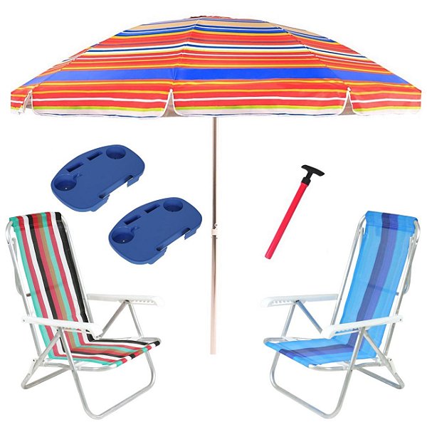 Kit Praia 2 Cadeira 8 Pos Alumínio Guarda Sol 2,4m Rainbow 2 Mesa Portátil Saca Areia Pressão - Belfix - Sort2